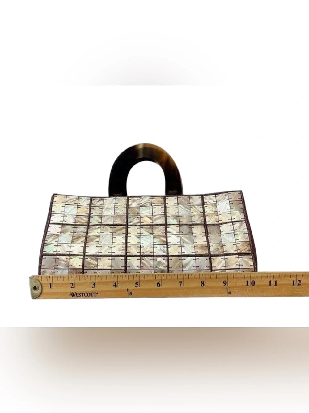 Vintage Mother of Pearl Mosaic Tiled Shell Bag Tortoiseshell Top Handle Clutch